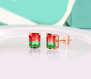 Swarovski Crystals "Cherry and Lime" - Emerald Cut Bi Color 2.00 CT Tourmaline Stud  Earring