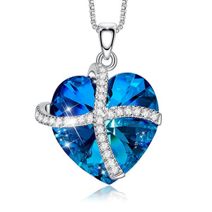 Swarovski Crystals Bermuda Blue Pave Heart Ribbon  Necklace