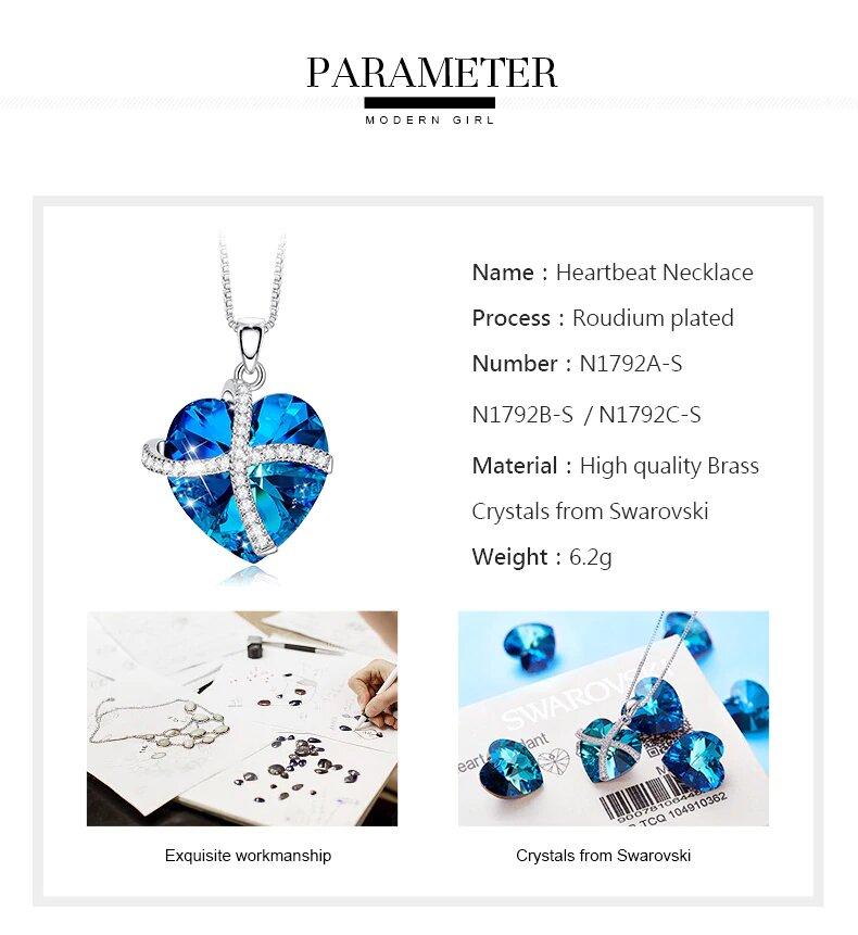 Swarovski Crystals Bermuda Blue Pave Heart Ribbon  Necklace - Dwayne Elliott Collection