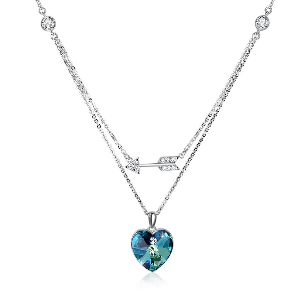 Bermuda Blue Swarovski Crystals Sterling Silver Pave Double Layer Heart Necklace