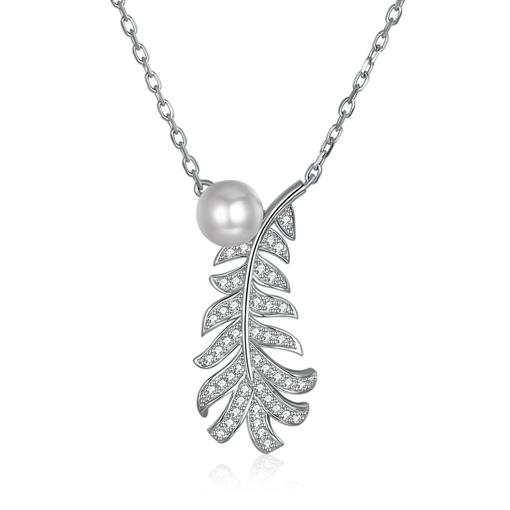 Fresh Water Pearl Pave Leaf Sterling Silver Swarovski Crystal Necklace