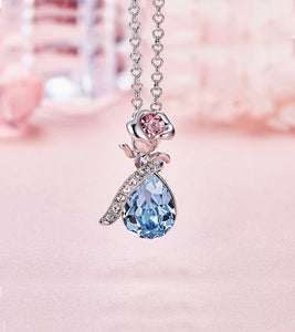 Swarovski Crystals Aquamartine Waterdrop with Pink Topaz Rose  Necklace